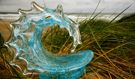 TSUNAMI GLASS WAVE by David Wight Glass Art Sculptures at Ocean Blue Galleries