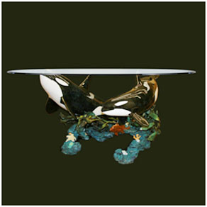 orca below dining table by Wyland – bronze sculpture orca below dining table by Wyland - bronze sculpture